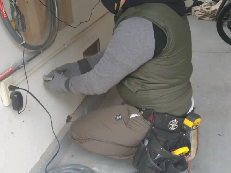 Electrician performing outlet wiring in a North Kansas City garage